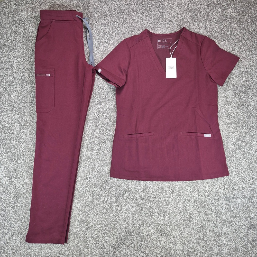 NWT FIGS Burgundy Scrub Set Womens XS Casma Scrub Top & Yola Scrub Bottom